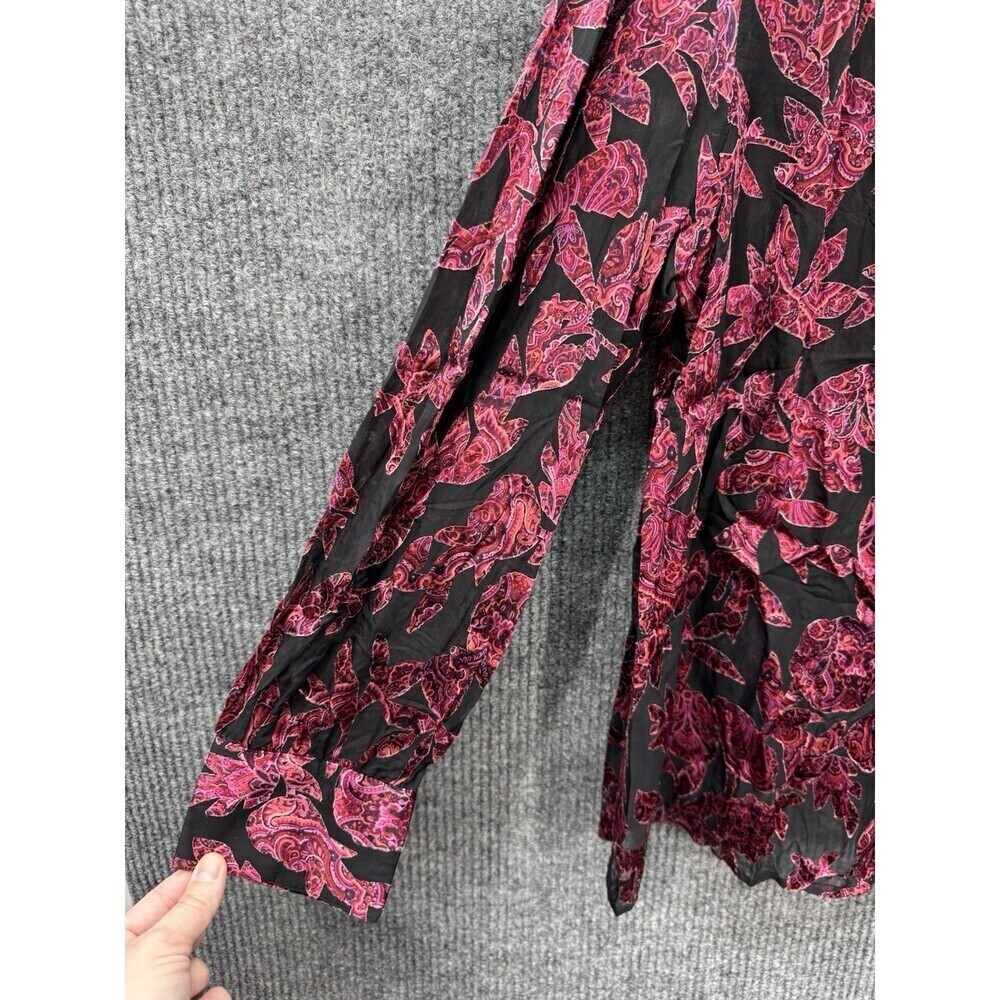 J. Jill Burnout Semi Sheer Top Womens Large Red Black Floral Button Long Sleeve - Picture 4 of 12